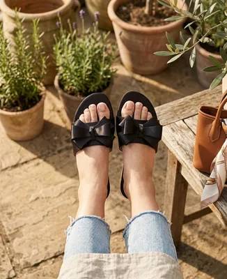 Black Bow Flat Sandals for Women Synthetic Leather thumbnail 2
