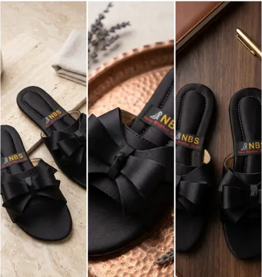 Black Bow Flat Sandals for Women Synthetic Leather thumbnail 3