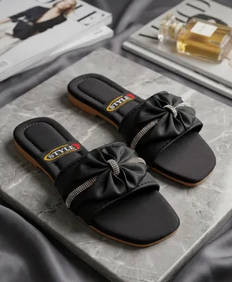 Black Rhinestone Bow Flat Sandals for Women thumbnail 2