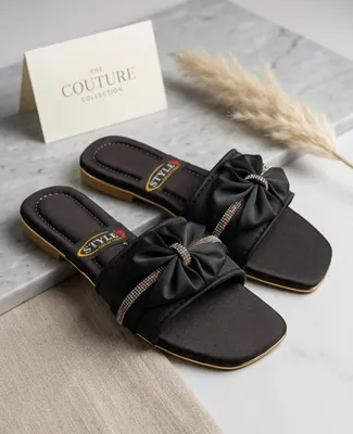 Black Rhinestone Bow Flat Sandals for Women thumbnail 3