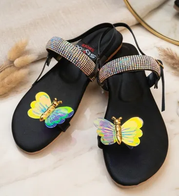 Women Butterfly Rhinestone Flat Sandals Black thumbnail 2