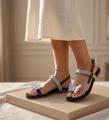 Women Butterfly Rhinestone Flat Sandals Black thumbnail 3
