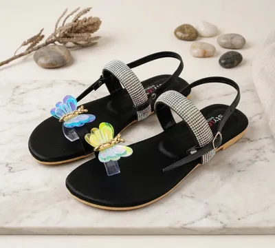 Women Butterfly Rhinestone Flat Sandals Black thumbnail 5