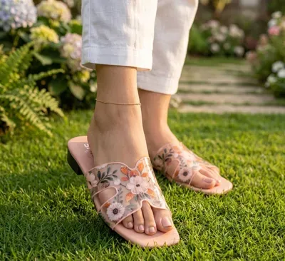 Women Floral Rhinestone Heel Sandals Pink
