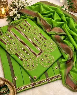 3 Pcs Women's Unstitched Sheesha Work Suit thumbnail 2