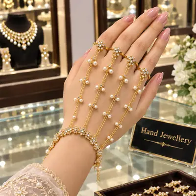  Combines a bracelet and a ring (or multiple rings) with a bridge chain that rests across the back of the hand.A staple accessory for brides, Mayoon, and Mehndi events.Worn as a statement piece for festive celebrations, dinners, or photoshoots.Hand Harness Details Beautiful and stylish hand jewelry. Easy and comfortable to wear. Gives your hand an elegant look. Perfect for weddings, parties, and special occasions. Matches easily with different outfits. A lovely choice for gifting.