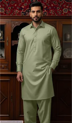 Men Green Cotton Kurta Pajama Suit Summer thumbnail 1