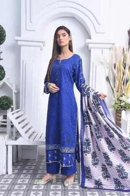 Royal Blue Embroidered Khaddar Suit for Women Winter Wear thumbnail 2