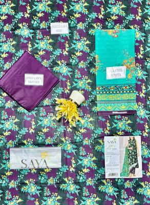 Unstitched Lawn Suit Purple Teal Floral Print thumbnail 2