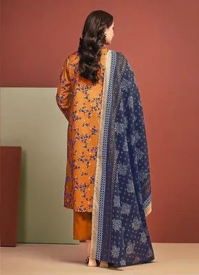 Orange Floral Linen 3-Piece Suit with Blue Dupatta thumbnail 2