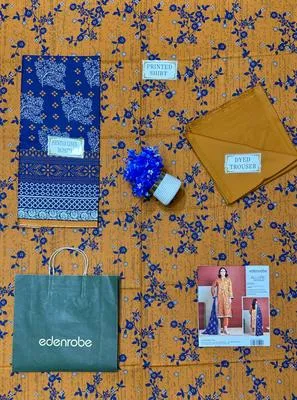 Orange Floral Linen 3-Piece Suit with Blue Dupatta thumbnail 3