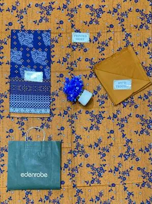 Orange Floral Linen 3-Piece Suit with Blue Dupatta thumbnail 4