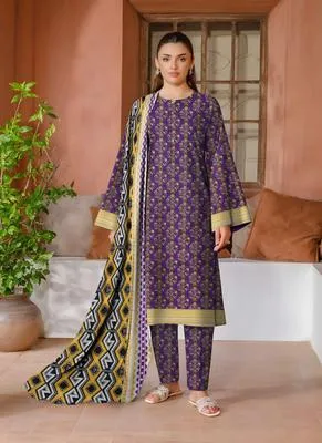Purple Printed 3 Pcs Women's Khaddar Suit with Wool Dupatta