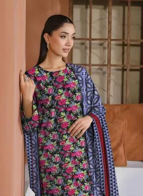 3 Pcs Women's Printed Khaddar Suit Black Winter Party Wear