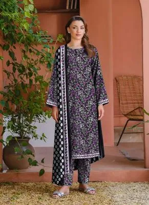 Women's Black Printed 3-Piece Suit with Wool Dupatta