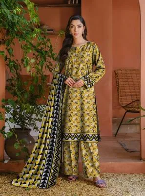 Golden Printed 3 Pcs Women Suit Khaddar Wool