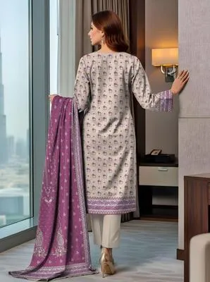 Purple Printed 3-Piece Dobby Lawn Suit for Women thumbnail 2