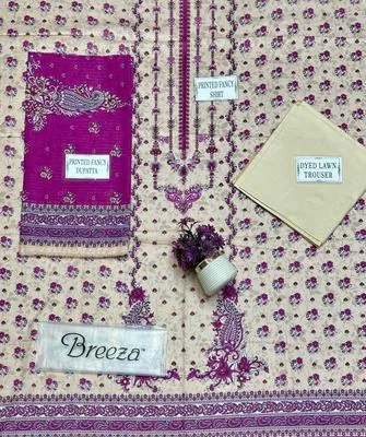 Purple Printed 3-Piece Dobby Lawn Suit for Women thumbnail 4