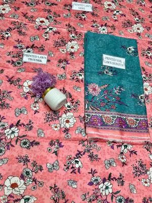 Unstitched Printed Lawn Suit Pink Floral Teal Dupatta thumbnail 2
