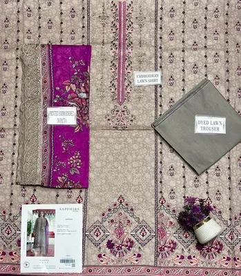 Embroidered Lawn Shirt with Printed Dupatta Brown 3Pcs thumbnail 3