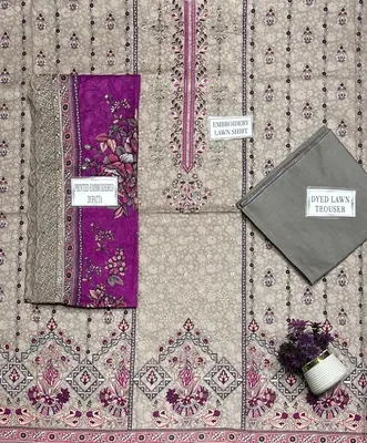 Embroidered Lawn Shirt with Printed Dupatta Brown 3Pcs thumbnail 4