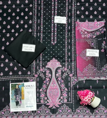 Black Printed Lawn 3Pcs Women Suit Set thumbnail 3