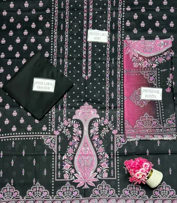 Black Printed Lawn 3Pcs Women Suit Set thumbnail 4