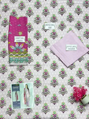 Pink Printed 3-Piece Lawn Suit with Dupatta for Women thumbnail 3