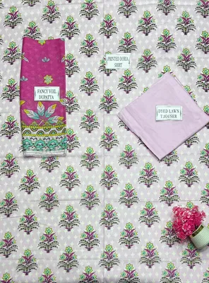 Pink Printed 3-Piece Lawn Suit with Dupatta for Women thumbnail 4