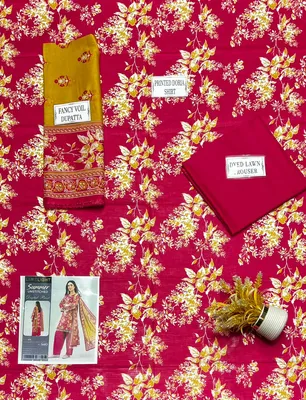 Pink Printed 3-Piece Lawn Suit for Women with Dupatta thumbnail 3
