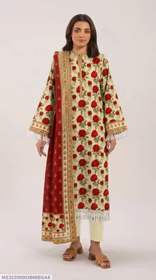 Women's 3-Piece Printed Lawn Suit White Red Roses