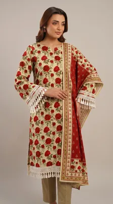 Women's 3-Piece Printed Lawn Suit White Red Roses thumbnail 2