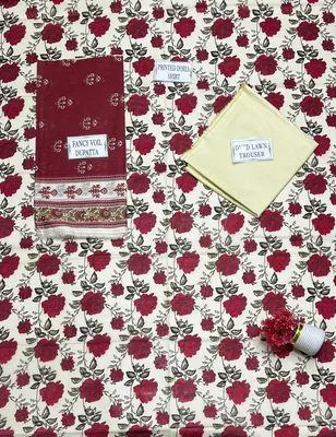 Women's 3-Piece Printed Lawn Suit White Red Roses thumbnail 5