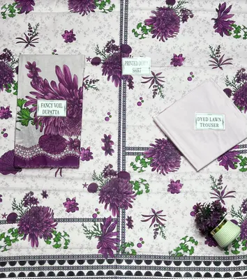 Purple Printed 3-Piece Lawn Suit for Women thumbnail 3