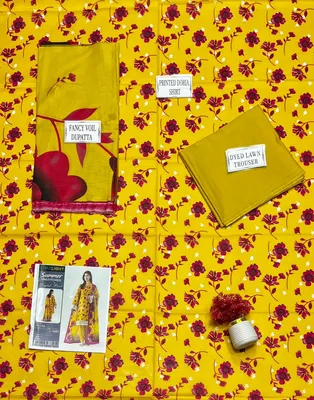Yellow Printed 3-Piece Lawn Suit Set for Women thumbnail 3