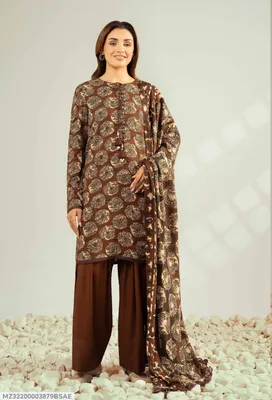 Brown Printed 3Pcs Dobby Lawn Suit for Women