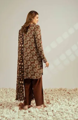 Brown Printed 3Pcs Dobby Lawn Suit for Women thumbnail 2