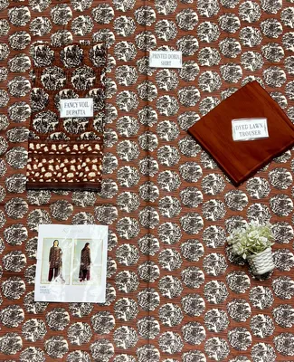 Brown Printed 3Pcs Dobby Lawn Suit for Women thumbnail 3