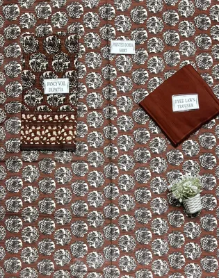 Brown Printed 3Pcs Dobby Lawn Suit for Women thumbnail 4