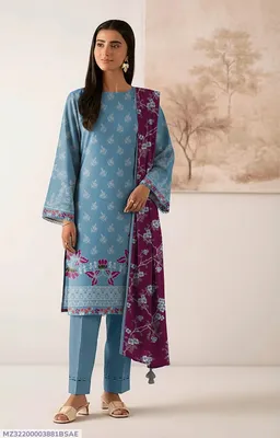 Blue Printed 3Pcs Dobby Lawn Suit for Women