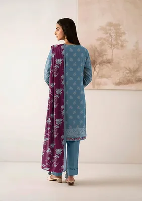 Blue Printed 3Pcs Dobby Lawn Suit for Women thumbnail 2