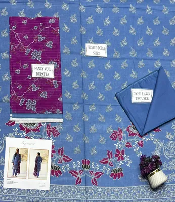Blue Printed 3Pcs Dobby Lawn Suit for Women thumbnail 3