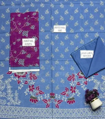 Blue Printed 3Pcs Dobby Lawn Suit for Women thumbnail 4