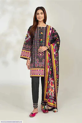 Women's Printed Dobby Lawn 3Pcs Black Kurta Set
