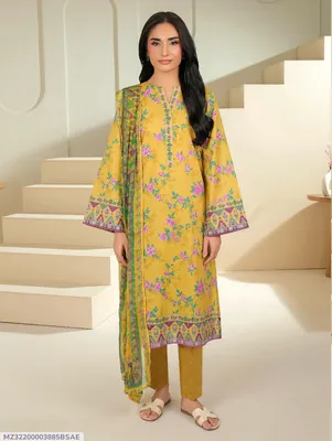 Yellow Printed 3-Piece Lawn Suit for Women