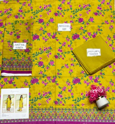 Yellow Printed 3-Piece Lawn Suit for Women thumbnail 3