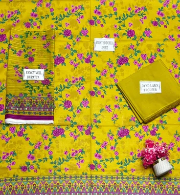 Yellow Printed 3-Piece Lawn Suit for Women thumbnail 4