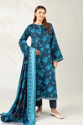 Blue Printed 3Pcs Dobby Lawn Suit for Women thumbnail 1