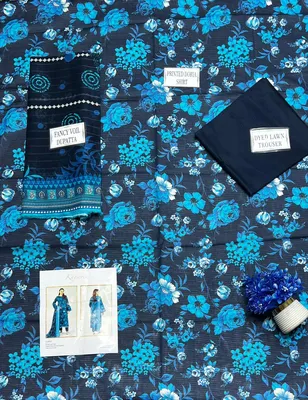 Blue Printed 3Pcs Dobby Lawn Suit for Women thumbnail 3