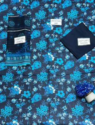 Blue Printed 3Pcs Dobby Lawn Suit for Women thumbnail 4